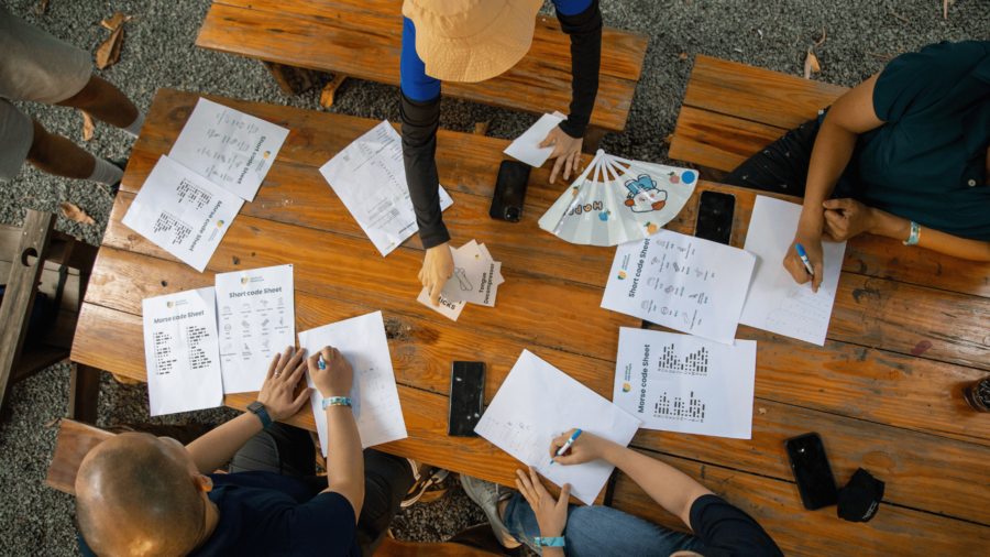 Corporate team completing a code survival station problem-solving challenge